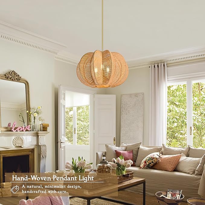 17.7 Inch Rattan Pendant Light Hemp Rope Rattan Light Fixture Woven Pendant Wicker Chandelier 3-Light Boho Chandelier for Bedroom