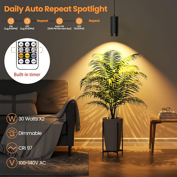 Zoomable Remote Pendant Grow Lights with Auto On/Off Timer, 2X 30W Full Spectrum LED Plant Light 2700K-6000K Dimmable Plug in Hanging Lights for Indoor Plants 20FT Power Cord, Black 2PCS