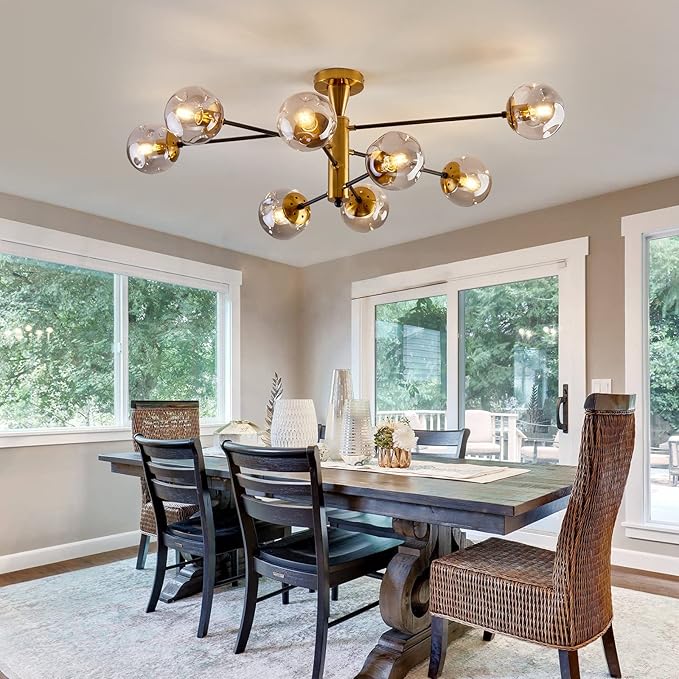 hesoge 8 Light Sputnik Semi Flush Mount Ceiling Light Fixture Mid Century Modern Chandelier with Glass Globe Black Gold Ceiling Lighting for Dinning Room Farmhouse Kitchen Bedroom Living Room
