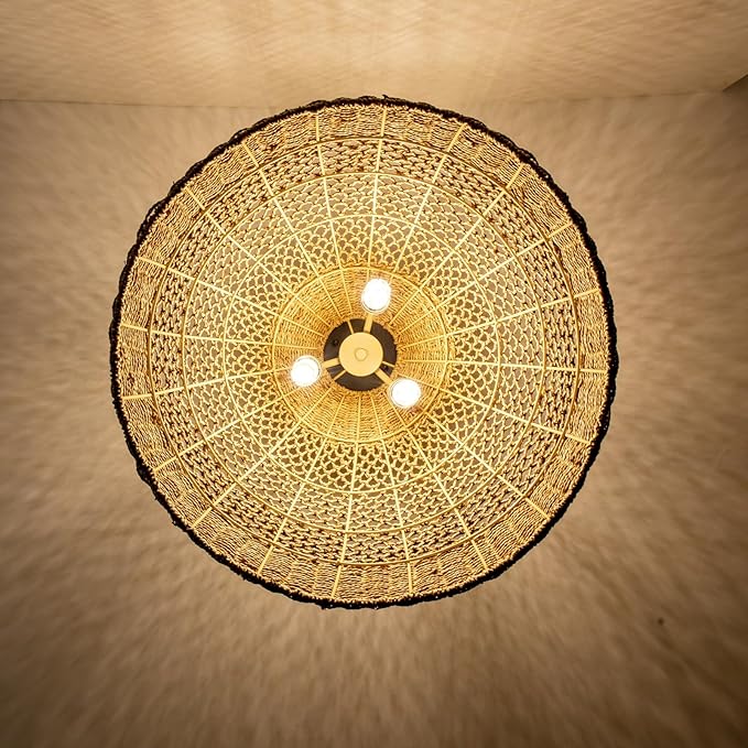 18.9" Farmhouse Rattan Pendant Light Fixture 3-Lights Costoal Chandelier Boho Hand Woven Wicker Hanging Light Fixture for Kitchen Island Living Room Bedroom Dining Room Foyer Restaurant Coffee