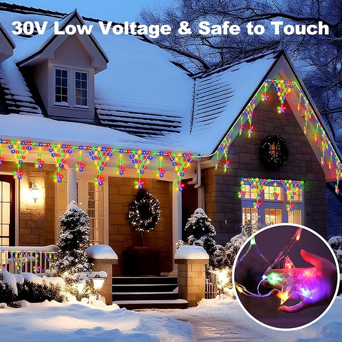 (New) Outdoor Christmas Lights, 13.8ft 218 LED Christmas Curtain Lights, Icicle String Lights with 12 Drop Stars for Curtain, Indoor, Garden, Patio, Wedding, New Year, Home Decoration - Multicolor