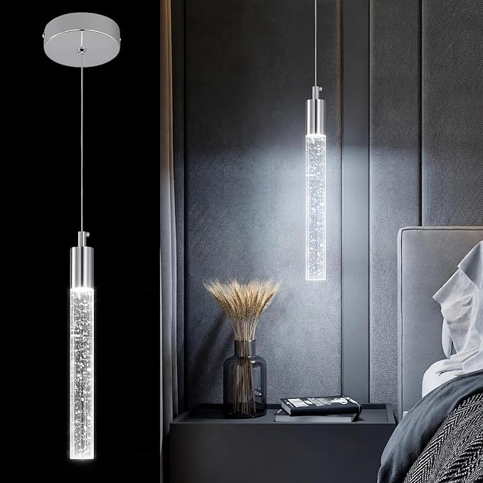 Modern Kitchen Island Pendant Light Dimmable LED Chrome Finish Mini Crystal Pendant Lighting Bedroom Bedside Table Small Pendant Lights（1-Pack）