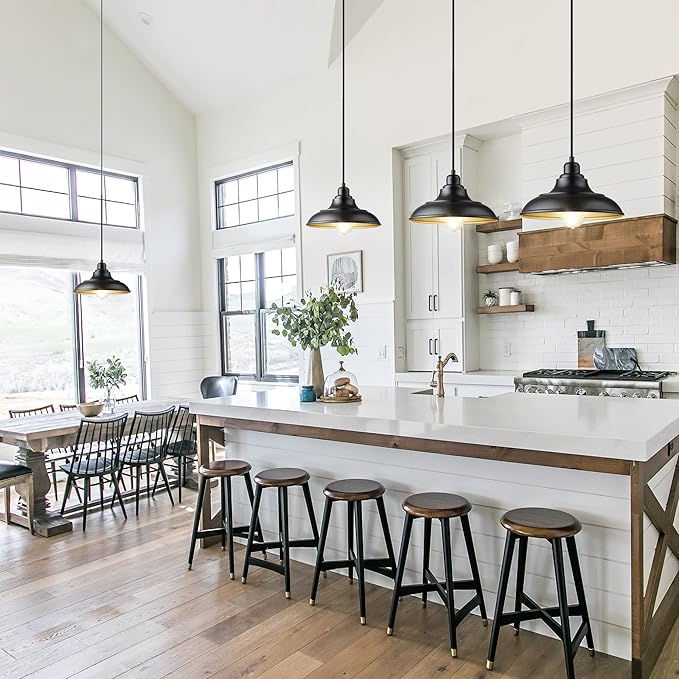 Pendant Lighting, Farmhouse Decor Adjustable Metal Hanging Lamp Ceiling Lamp, Hanging Light Fixtures, Industrial Black Pendant Lights for Kitchen Island Dining Room Barn, E26 Base, 2 Pack