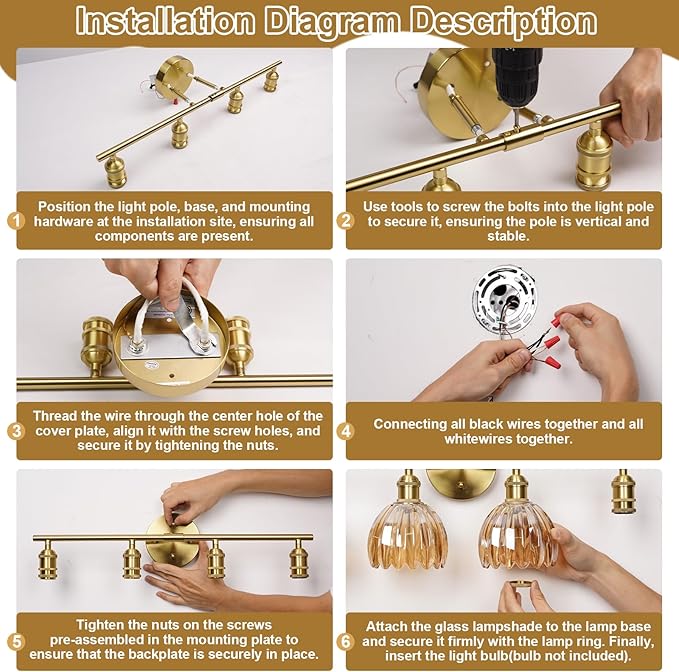 Vintage Bathroom Light Fixtures,4-Light Hardwired Vanity Lights with Amber Tulip Glass Shade,Gold Bathroom Vanity Light for Mirror Restroom,E26 Socket,25.2 in(Bulbs Not Included)