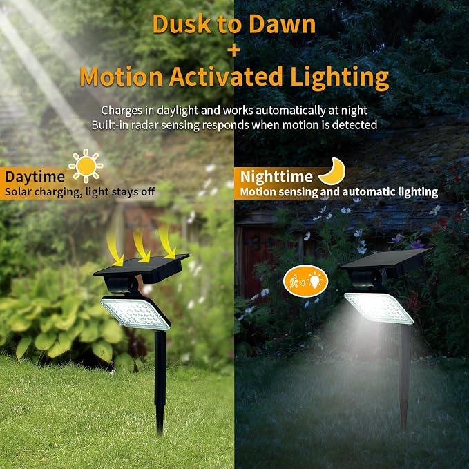JINXING Solar Spot Lights Outdoor, Motion Sensor Solar Flood Light with Dusk to Dawn, IP65 Waterproof Solar Security Light for Pathway, Front Door, Porch, Yard, Wall, Garden, Stake or Wall Mount