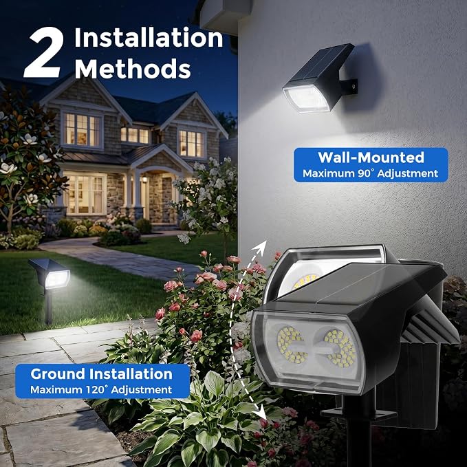 Solar Lights Outdoor Waterproof, 4 Pack 60 LED Solar Spot Lights Outdoor, Dusk to Dawn Light Sensor, 3 Lighting Modes, IP65 for Outside Pathway Yard Garden and Landscape（Cool White）