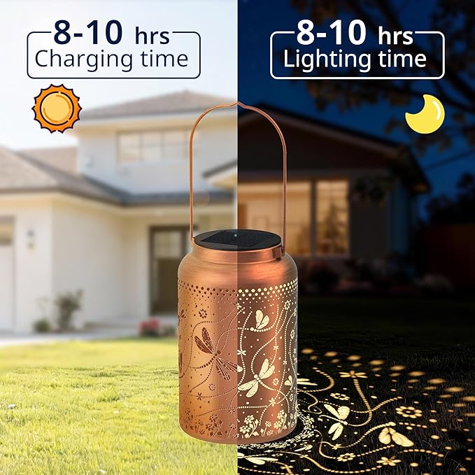 JEJOT Dragonfly Solar Lanterns Outdoor Waterproof, Mothers Day Gifts, Birthday Gifts for Women Mom Grandma,Metal Hanging Solar Lantern for Yard,Garden,Porch Landscape Deconrations-1 Pack