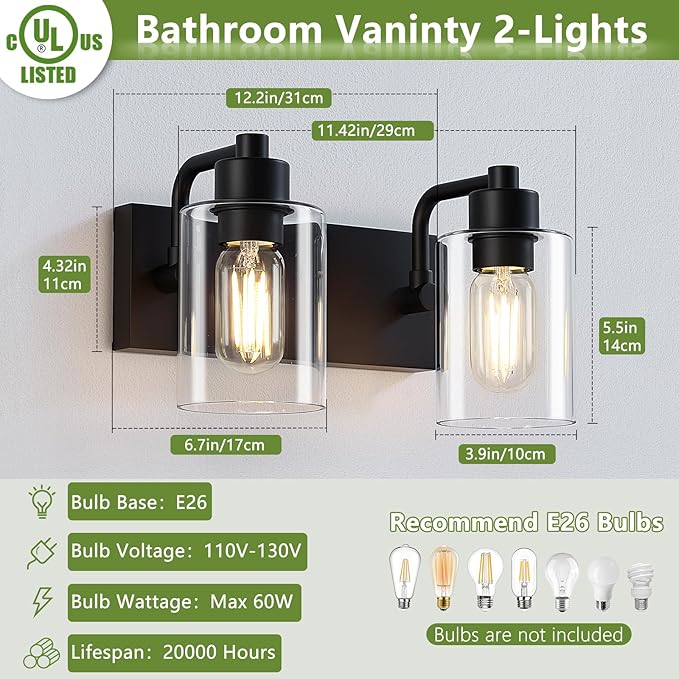 Dpyrrhic Matte Black 2-Light Bathroom Lights Over Mirror with Clear Glass Shade, Modern Bathroom Light Fixtures for Kitchen Living Room Bedroom Laundry Room