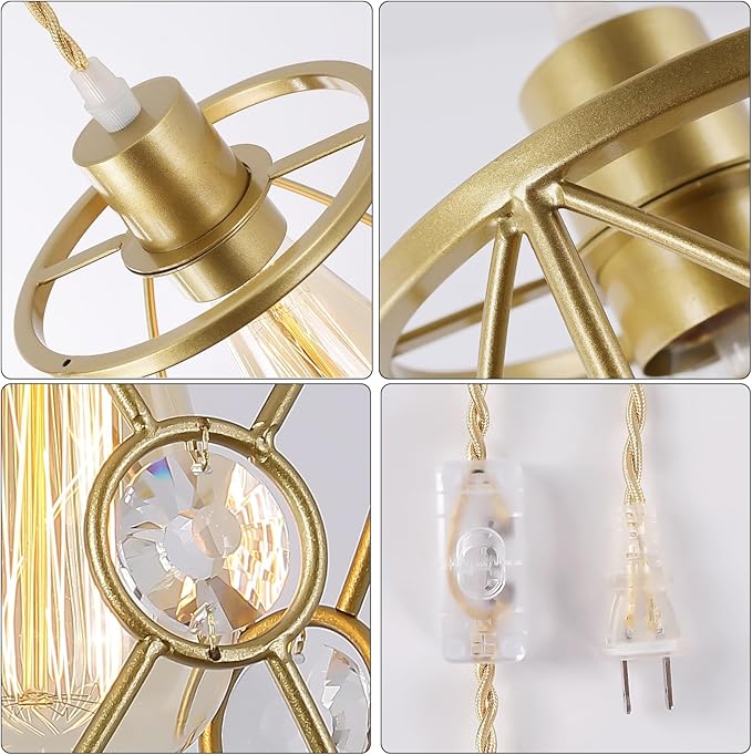 Plug in Industrial 2 Pack Farmhouse Pendant Light, Mini Cage Pendant Lighting in Gold Finish with Crystal, Adjustable Length Hanging Light Fixture for Hallway, Bedroom, Living Room, Kitchen