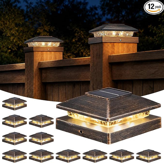 APONUO Solar Post Cap Lights for 4x4 Posts - IP64 Waterproof, 3000 Bright LED, Wireless Fence Lights & Deck Lights for Patios, Gardens, and Yards, Brushed Copper-Warm White, 12-Pack