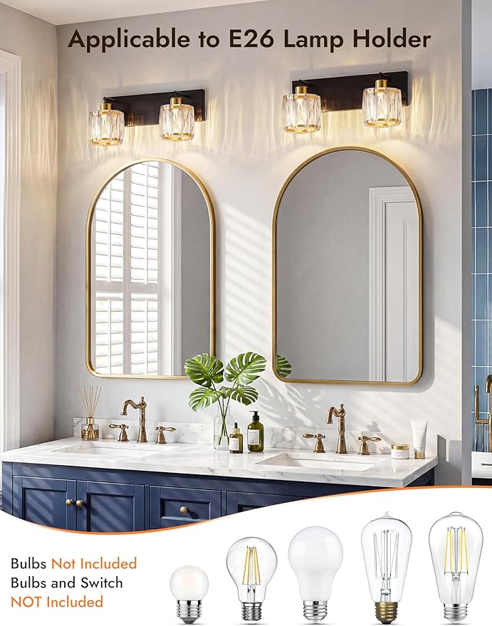 VOLISUN Crystal Vanity Lights for Bathrooms, 2 Light Bathroom Vanity Light, Black and Gold Bathroom Light Over Mirror, Modern Bathrooms Lights Fixtures-UL Certificated(Exclude Bulb)