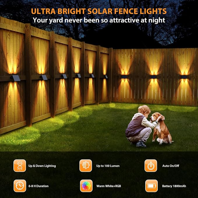 Solar Fence Lights,6Pack Solar Lights Outdoor Warm White + RGB Up & Down Waterproof 100 Lumens Dusk to Dawn Large Solar Wall Lights for Backyard/Pool/Railing/Patio/Porch/Step/Wall