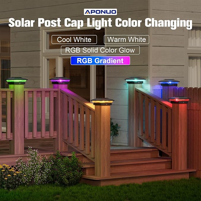 APONUO Solar Post Cap Lights Color Changing - RGB 8 Solid & Gradient Colors, IP65 Waterproof, for 4x4 5x5 6x6 Wood Vinyl Fences, Deck, Patio, Yard, Black, 12 Pack