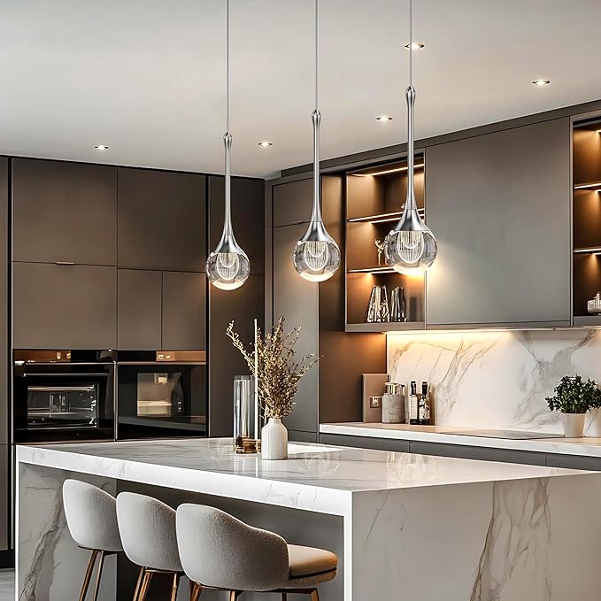 3-Pendant Lights Kitchen Island,Crystal Sliver Globe LED Chandelier, Modern Dimmable Adjustable Height Hanging Light Fixture,Sloped Ceiling,Bedroom,Dining Room