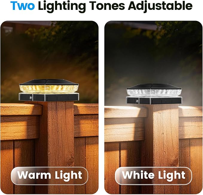 Solar Post Cap Lights 6 Pack, IP65 Waterproof Outdoor Fence Post Solar Lights for 3.5x3.5 & 4x4 Wood/Vinyl Posts, 10-12 Hours Upgraded Warm/Cool White Glow for Garden/Patio/Porch - Black