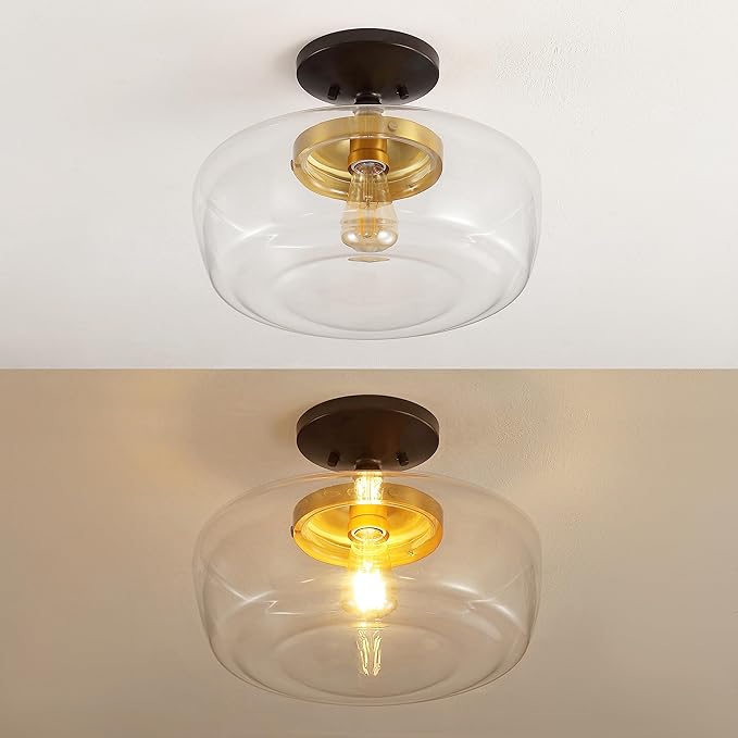 JONATHAN Y 14" Oil Rubbed Bronze/Brass Gold Modern Farmhouse LED Flush Mount Light Fixture, Clear Glass Shade, Rustic Industrial Schoolhouse Lamp for Kitchen Hallway Bedroom (JYL7517E)