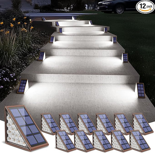 NIORSUN Solar Stair Lights,Cool White Outdoor Step Lights IP67 Waterproof Auto On Off, Outdoor Stair Lights for Steps,Stair,Patio,Yard,Porch,Front Door,Sidewalk,Deck Decor（Brown, 12 Pack）