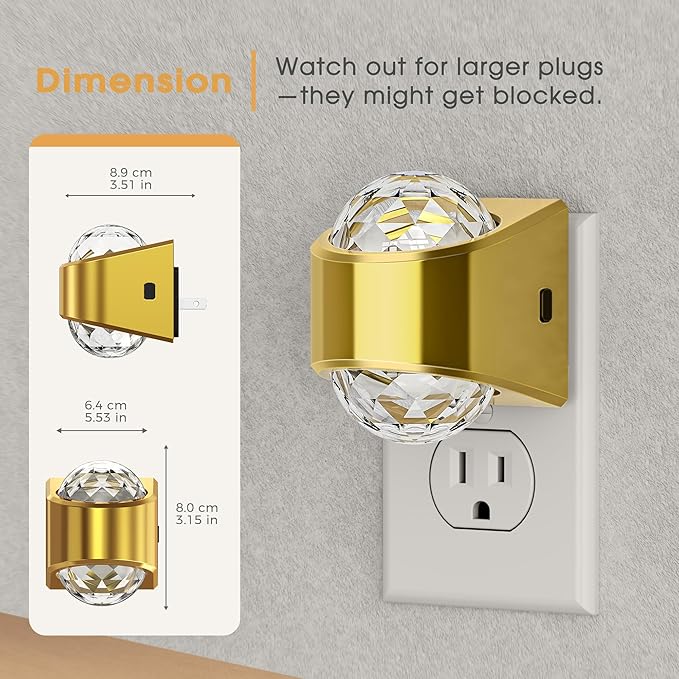 Briignite Night Light, Gold Night Lights Plug into Wall, LED Projector Night Light, Soft White for Bedroom, Dimmable Brightness Dusk to Dawn Nightlight for Kids, Bathroom, Gaming Room, Home Decor