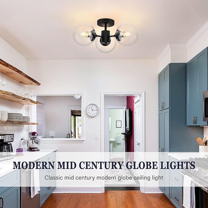 Mid Century 3-Light Clear Globe Glass Black Chandelier 19 Inch Modern Black Semi Flush Mount Ceiling Lights Modern Light Fixtures Ceiling Lights Fixture for Bedroom Hallway Entryway