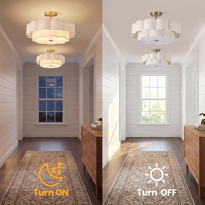 Modern Semi Flush Mount Ceiling Light ,17.7" Modern Gold Drum Ceiling Lighting Fixture with Linen Shade ,3-Light Vintage Lamp for Living Room, Bedroom, Kitchen, Dining Room, Hallway, Entryway