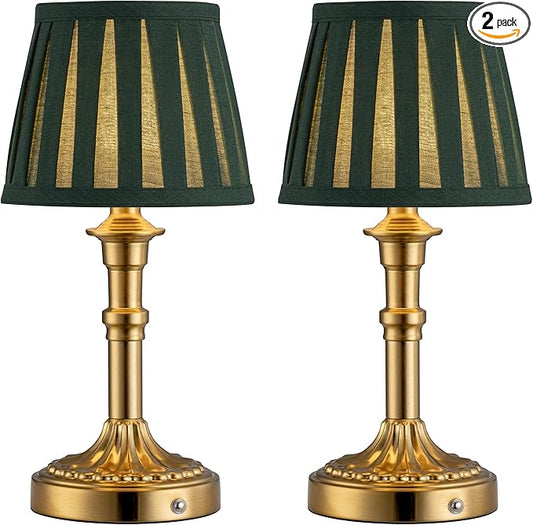 KDG Cordless Portables Table Lamp Set of 2, LED Fabric Shade Small Desk Lamps, 5000mAh Battery Powered Lighting, 2700K Stepless Dimmable Light for Living Room, Dining Room, Bedroom (Gold+Green)