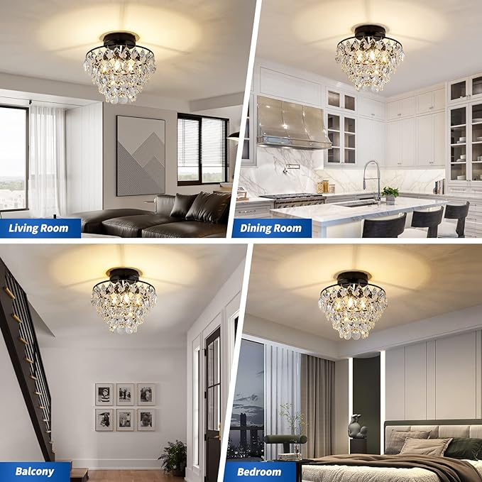 CM MZY Modern Small Crystal Ceiling Light Fixture, Matt Black Semi Flush Mount Ceiling Light Fixture, Mini Crystal Chandeliers for Hallway Bedroom Bathroom Closet Bedroom Foyer