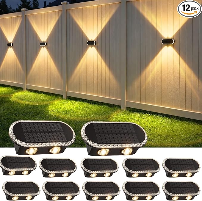 Solar Fence Lights Outdoor: 12-Pack IP65 Waterproof Solar Wall Lights - Up Down Dual Lens LEDs 3000K/4000K/6000K - 10-12H Lasting and Easy Install for Backyard Patio Porch
