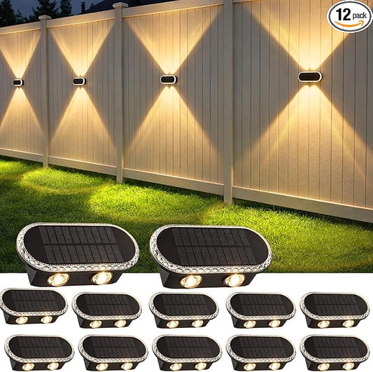 Solar Fence Lights Outdoor: 12-Pack IP65 Waterproof Solar Wall Lights - Up Down Dual Lens LEDs 3000K/4000K/6000K - 10-12H Lasting and Easy Install for Backyard Patio Porch