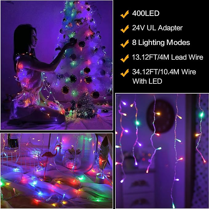 Techip Halloween Christmas Lights Outdoor, 33ft 400 LED Icicle Lights for Outside, Plug in Curtain String Lights Twinkle Tree Lights 8 Modes Waterproof for Patio Party Holiday Decorations Colorful