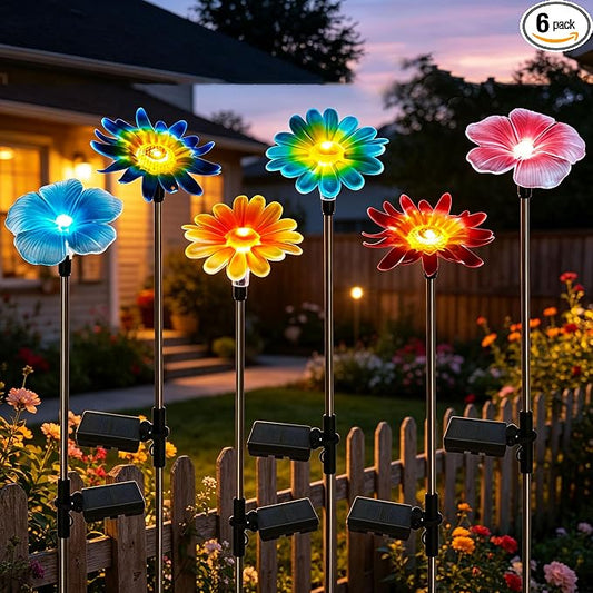 6 Pack Solar Garden Lights Outdoor Decor,Stake Yard Figurine Colorful Flower Light, Housewarming Ornament for Patio, Lawn, Yard, Pathway (Art Deco)
