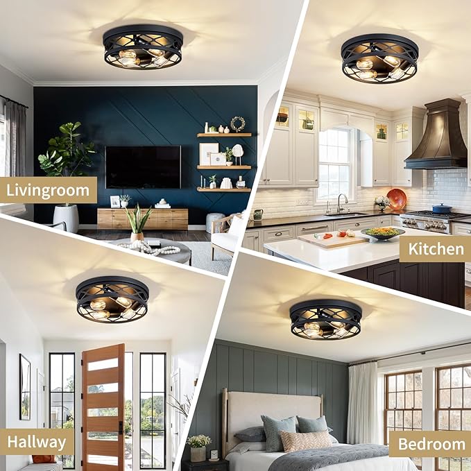 14 inch Hallway Light Fixtures Ceiling,Flush Mount Ceiling Light,4 Light Black Metal Frame,Farmhouse Flush Mount for Living Room Bedroom Kitchen Home E26 Base