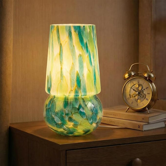 9.8 Inch Mushroom Table Lamp, UL Listed Dimmable Small Desk Bedside Lamp with Woven Beige Cord, Handcrafted Pattern, Murano Home Decor for Bedroom, Living Room, Emerald Teal, No Bulb Included
