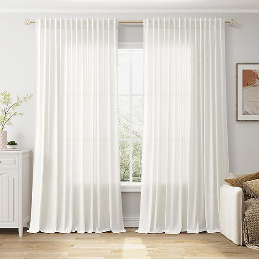 Nanspring Beige White Extra Wide Linen Curtains for Living Room Bedroom Light Filtering Semi Sheer Curtains for Sliding Door Coastal Decor Floor to Ceiling Window Extra Long Curtain 100x120