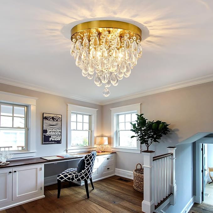 YYJLX Crystal Flush Mount Ceiling Light Modern Crystal Chandelier Gold 4-Light Fixture for Hallway Bedroom Entryway Bathroom Closet