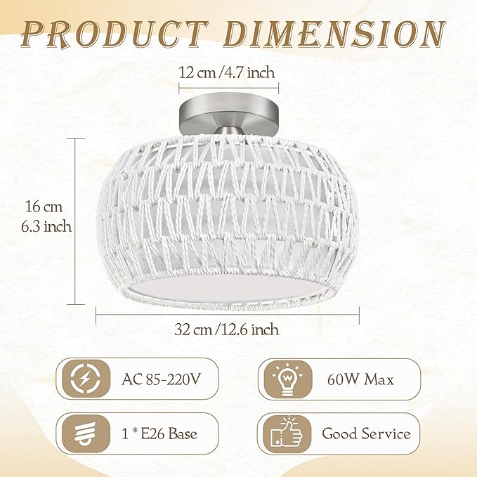 12.6 inch White Rattan Ceiling Light Fixture Hand-Woven Rattan Chandelier Boho Ceiling Light Fabric Shade Boho Chandelier for Kitchen Dinning Room (Bulb Incl.)