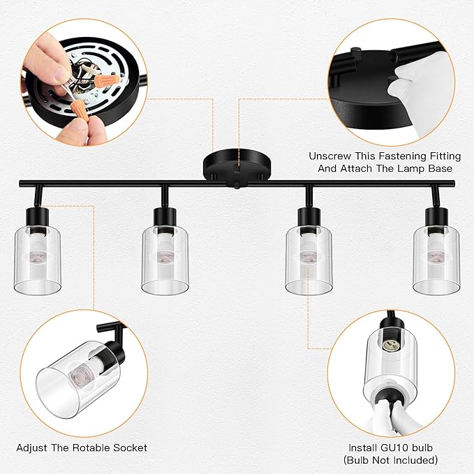 BoostArea 4 Light Led Track Light,Glass Lightshade Track Lighting Kits,4 Way Modern Ceiling Spot Lights for Kitchen,Dining Room,Bedroom,Hallway,Flexibly Rotatable Light Head,Black,Not GU10 Bulb