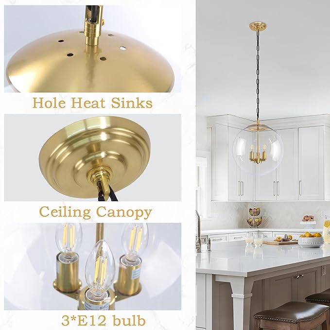 KoKo&Yukina 14" Gold Globe Pendant Light Mid Century Pendant Light Clear Glass Pendant Lights Kitchen Island Adjustable Hanging Light Fixture for Dining Room Bedroom Kitchen Island
