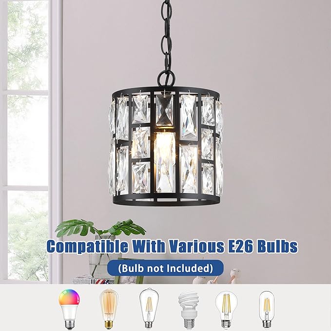 MEXO Modern Crystal Pendant Light,Black Chandelier Light Fixture, Cylinder Adjustable Height Pendant Lights for Kitchen,Dining Room,Living Room,Foyer,Hallway