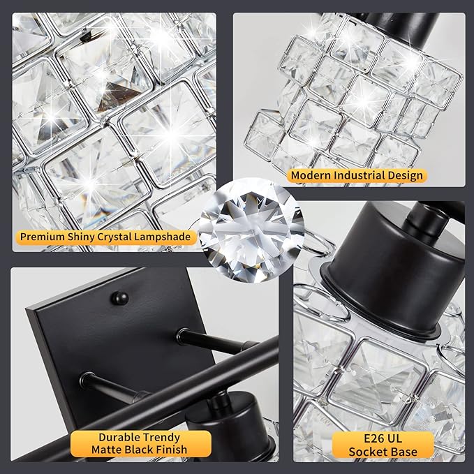 3 Lights Bathroom Vanity Light, Crystal Bathroom Light Fixture Over Mirror, Matte Black & Crystal Rotateable Indoor Wall Lights | Chrome Glass Modern Lampshade for Sink, Mirror & Foyer Corridor