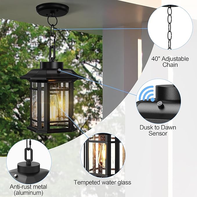 WIHTU Dusk to Dawn Outdoor Pendant Lights for Porch,Anti-Rust Aluminum Exterior Hanging Light Fixture with Adjustable Chain,Farmhouse Chandelier Ceiling Light for Entryway Garden Patio(Bulb Included)