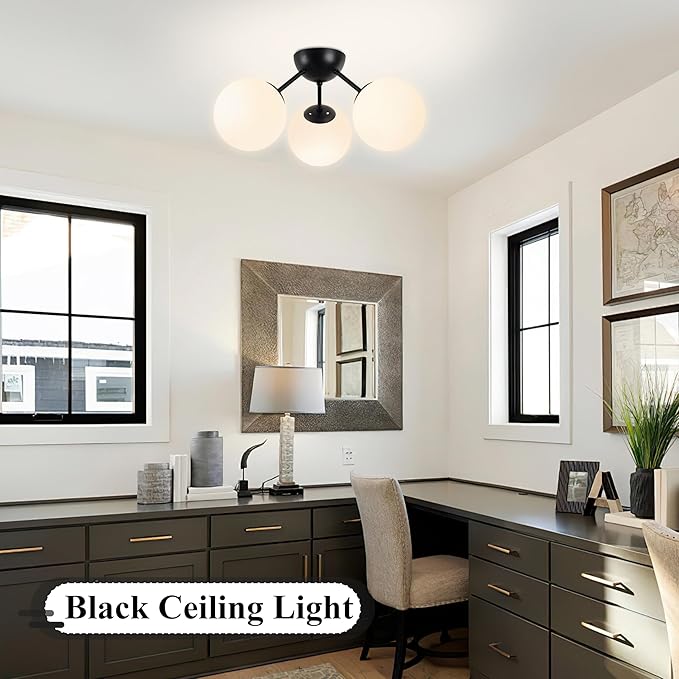 3-Light Mid Century Modern Semi Flush Mount Ceiling Light, Opal Glass Globe & Matte Black, Dimmable, UL Certified, for Bedroom, Kitchen, Living Room (Bulb Incl.)
