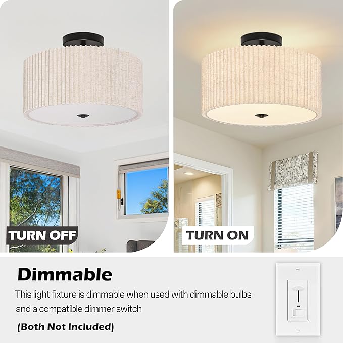 Bagood 3-Light Semi Flush Mount Ceiling Lights Fixture 16 Inch Drum Light Fixture Drum Ceiling Lights with Pleated Fabric Shade Black Close to Light Fixtures for Hallway Living Room
