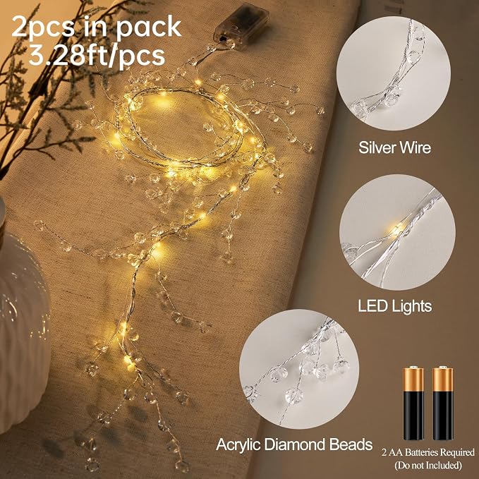 AdasBridal Diamond Beads String Fairy Lights Battery Operated - Clear Acrylic Crystal Bead Strand 20 Led String Lights 3.94 Ft for Christmas Tree Hanging Wedding Centerpiece Party Decorations, 2 Pack