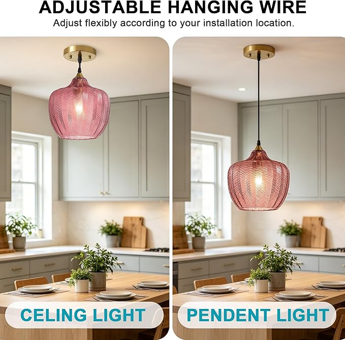 Modern Gold Pendant Light, Purple Glass Farmhouse Kitchen Island Pendant Light Fixture Adjustable Vintage Hanging Ceiling Light for Dining Room Corridor 9.45 inch 1 Pack, UL Certification