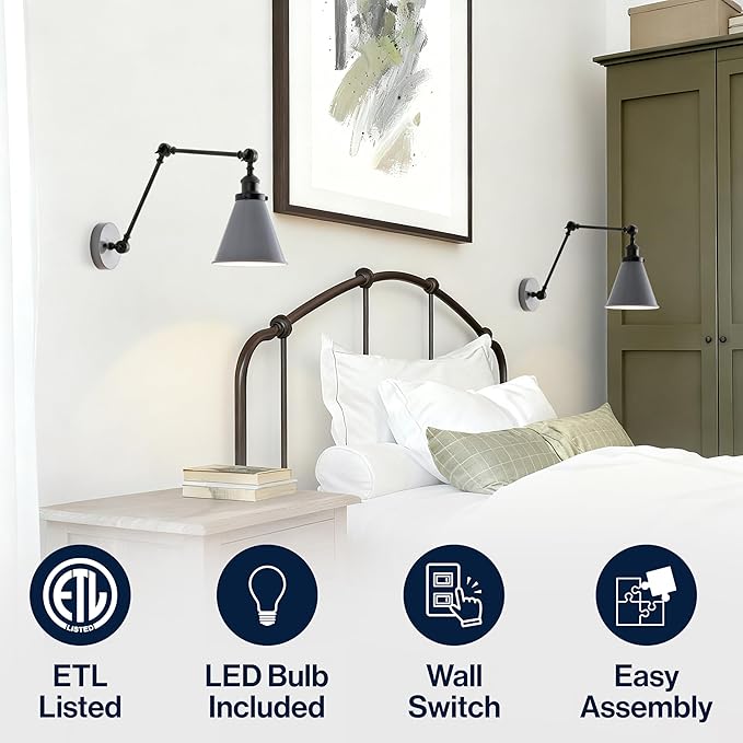 JONATHAN Y 7" Gray/Black Classic Industrial Metal Adjustable Arm LED Wall Sconce for Bedside Reading, Farmhouse Swing Arm Wall Lamp with Metal Shade, Hardwired (JYL7462H-SET2)