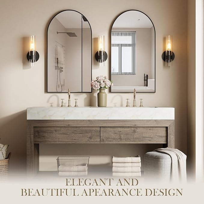 Wall Sconce Set of Two, Hardwired Bathroom Wall Sconces Lighting with Clear Glass, Modern Wall Sconces Set of 2 Wall Light fixtures for Bathroom Mirror Living Room Hallway Bedroom(Black)