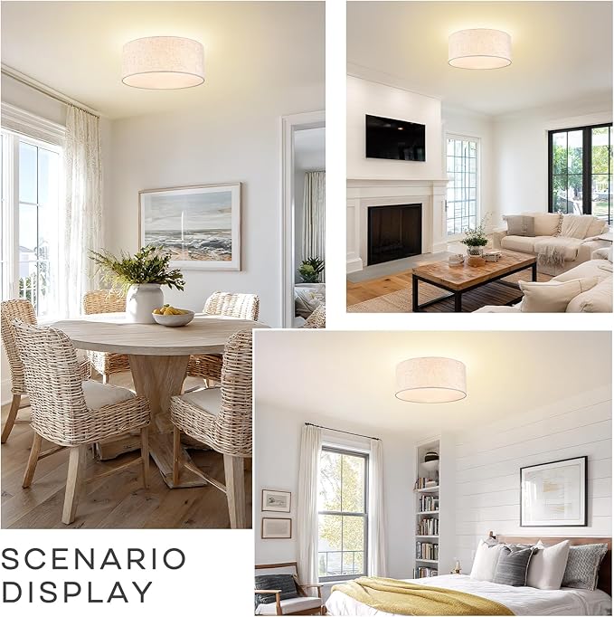 13 Inch Flush Mount Ceiling Light, 3-Light Modern Fabric Linen Drum Shade for Kitchen, Bedroom, Dining Room, Hallway and Entryway