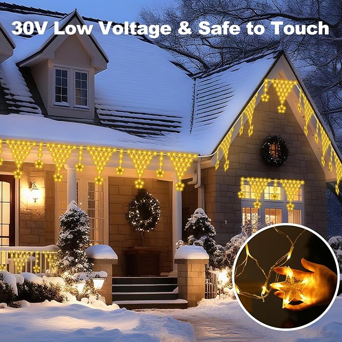 Outdoor Christmas Lights, 13.8ft 218 LED Curtain Lights, Icicle String Lights with 12 Drop Stars for Curtain, Indoor, Garden, Patio, Wedding, New Year, Home Decoration - Warmwhite