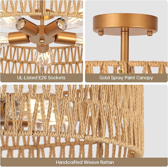 24” Boho Hand-Woven Rattan Wicker Ceiling Light, Large Semi Flush Mount Chandelier Fixture, Rustic Lighting for Living Room, Bedroom, Dining, Kitchen Island, Hallway, Entryway, Foyer