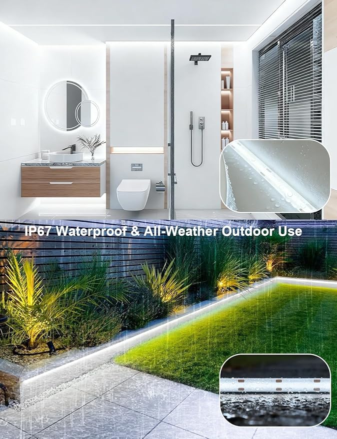 20FT COB LED Strip Lights, Waterproof Outdoor&Indoor Daylight White 6500K Flexible 24V Remote & App Control, Tap Lighting Boat Lights For Finshing Room, Garden, Patio, Kitchen,Bathroom, Swming Pool